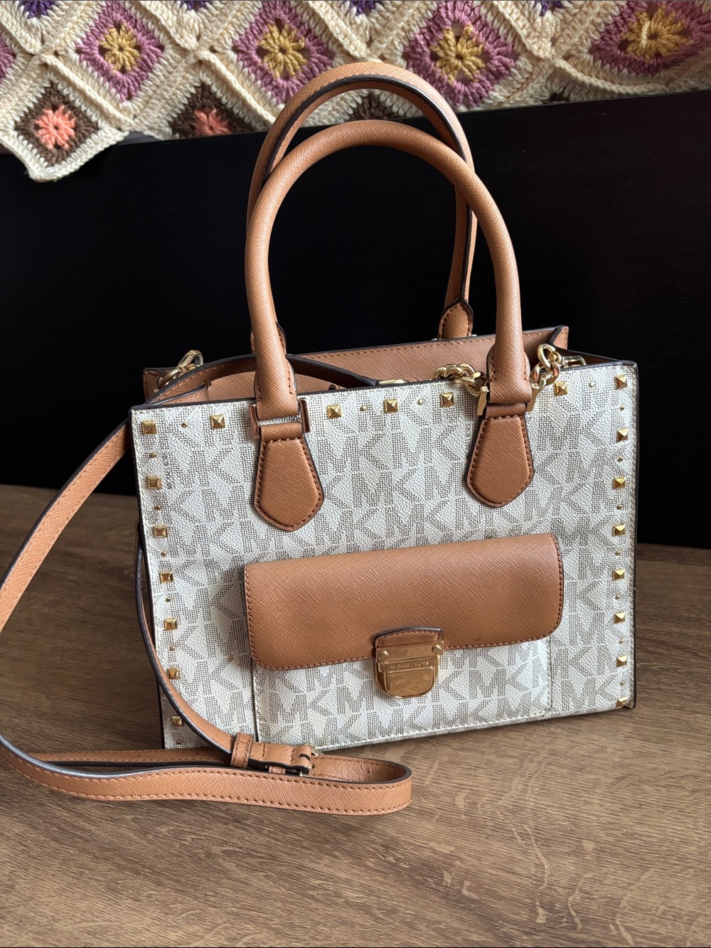 Michael Kors Vanilla and Tan Signature Studded Satchel